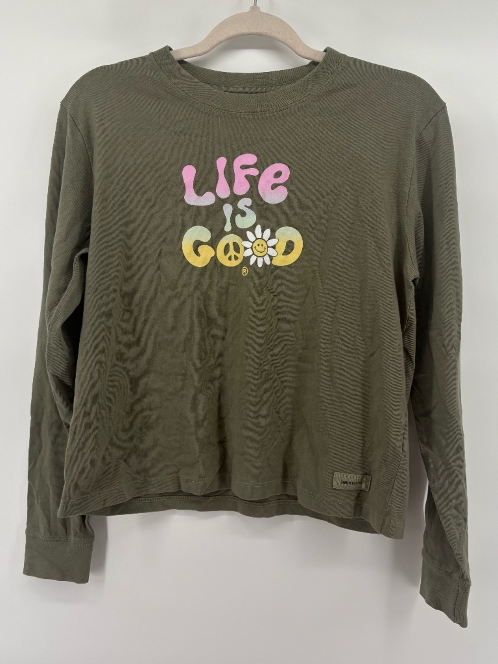 NWT LIFE IS GOOD olive green long sleeve top with life good writing size XS